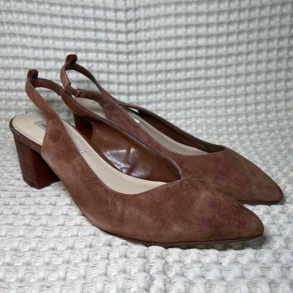 Saks Fifth Avenue Women Brown Pointed Toe Slingback Block Heel‎ Shoes Size 6